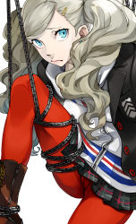 Rule 34 | 1girl, ass, bdsm, blazer, blonde hair, blue eyes, boots, cameltoe, chain, commentary request, earrings, frown, hair ornament, hairclip, highres, hood, hooded jacket, jacket, jewelry, leg up, long hair, looking at viewer, pantyhose, persona, persona 5, pleated skirt, red pantyhose, restrained, school uniform, simple background, skirt, solo, takamaki anne, toro3, twintails, white background