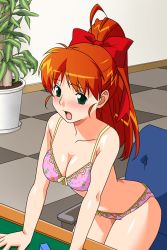 Rule 34 | 1girl, arm support, blush, bra, breasts, chair, cleavage, embarrassed, green eyes, hair ribbon, indoors, long hair, mahjong, mana (super real mahjong), official art, open mouth, orange hair, panties, ribbon, solo, strip game, strip mahjong, super real mahjong, tanaka ryou, tile floor, tiles, underwear, underwear only