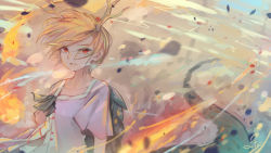 Rule 34 | 1girl, antlers, black ribbon, blonde hair, commentary request, cyasha, dragon tail, explosion, fire, highres, horns, kicchou yachie, looking at viewer, parted lips, pink shirt, red eyes, ribbon, shirt, short hair, short sleeves, signature, solo, tail, touhou, turtle shell, upper body, wide sleeves, wind