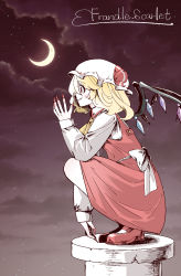 Rule 34 | 1girl, ascot, back bow, blonde hair, blush, bow, character name, cloud, collared shirt, crescent moon, crystal, fingernails, flandre scarlet, frilled shirt collar, frills, from side, full body, grin, hair between eyes, hat, hat ribbon, highres, long fingernails, mary janes, medium hair, mob cap, moon, nail polish, night, night sky, red eyes, red footwear, red nails, red ribbon, red skirt, red vest, ribbon, shirt, shoes, skirt, skirt set, sky, smile, snakku, solo, squatting, star (sky), touhou, vest, wavy hair, white bow, white hat, white shirt, wings, yellow ascot