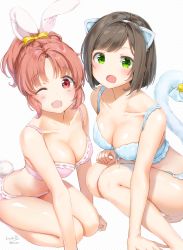 Rule 34 | 2girls, :d, ;d, abe nana, animal ears, arm support, bare arms, bare shoulders, barefoot, blue bra, blue panties, blue ribbon, blush, bra, breasts, cat ears, cat tail, cleavage, collarbone, commentary request, fake animal ears, fang, green eyes, highres, idolmaster, idolmaster cinderella girls, kinako (shiratama mochi), large breasts, leaning forward, looking at viewer, maekawa miku, multiple girls, one eye closed, open mouth, panties, parted bangs, pink bra, pink panties, ponytail, rabbit ears, rabbit tail, revision, ribbon, ribbon-trimmed bra, seiza, shiny skin, short hair, signature, simple background, sitting, smile, squatting, striped, striped background, swept bangs, tail, tail ornament, tail ribbon, tareme, thighs, underwear, underwear only, white background