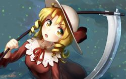 Rule 34 | 1girl, blonde hair, dress, drill hair, elly (touhou), hat, looking at viewer, open mouth, scythe, solo, touhou, touhou (pc-98), welt (kinsei koutenkyoku), yellow eyes