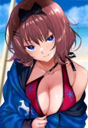 Rule 34 | 1girl, artist request, beach, bikini, blue eyes, breasts, brown hair, character request, cleavage, hair ribbon, highres, jacket, large breasts, looking at viewer, ocean, red bikini, ribbon, short hair, smile, solo, swimsuit, teasing, undressing, unzipped, unzipping, water