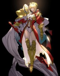 Rule 34 | 1girl, adapted costume, aestus estus, armor, asymmetrical clothes, black background, blonde hair, cape, epaulettes, fate/extra, fate (series), gauntlets, greaves, green eyes, green hair, hair ornament, hair over one eye, head wreath, highres, holding, holding sword, holding weapon, nero claudius (fate), nero claudius (fate) (all), nero claudius (fate/extra), pauldrons, shoulder armor, simple background, single gauntlet, single pauldron, solo, sword, tenobe, weapon
