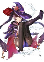 Rule 34 | 1girl, absurdres, black hair, feet, genshin impact, hat, highres, long hair, looking at viewer, mona (genshin impact), open mouth, pantyhose, soles, toes, twintails, water, witch hat