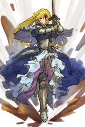 Rule 34 | 1girl, armor, armored boots, armored dress, blonde hair, blood, blood on face, blue capelet, blue dress, blue eyes, boots, capelet, capelet lift, dress, elona, faulds, frown, full body, gauntlets, golden knight (elona), hands up, herayoshi, highres, holding, holding sword, holding weapon, injury, knight, long hair, long sleeves, looking at viewer, sketch, solo, standing, sword, two-handed, two-handed sword, very long hair, weapon, white background