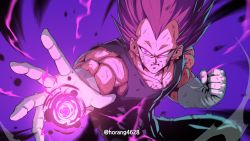 Rule 34 | 1boy, absurdres, battle damage, clenched hand, closed mouth, dragon ball, dragon ball super, gloves, highres, horang4628, incoming attack, male focus, muscular, muscular male, no eyebrows, purple eyes, purple hair, solo, spiked hair, torn clothes, ultra ego (dragon ball), vegeta, white gloves