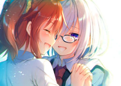 Rule 34 | 2girls, :d, ^ ^, blush, closed eyes, commentary, dress shirt, closed eyes, fate/grand order, fate (series), from behind, fujimaru ritsuka (female), glasses, hair ornament, hair scrunchie, holding hands, happy, happy tears, jpeg artifacts, light purple hair, mash kyrielight, multiple girls, necktie, one side up, open mouth, orange hair, profile, purple eyes, scrunchie, shirt, smile, tears, toosaka asagi