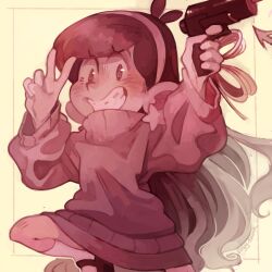 Rule 34 | 1girl, black footwear, blush, braces, commentary, commission, earrings, english commentary, grappling hook, gravity falls, grin, gun, hairband, highres, holding, holding gun, holding weapon, jewelry, long hair, long sleeves, mabel pines, mary janes, monochrome, shoes, skirt, smile, socks, solo, sony-shock, star (symbol), star earrings, sweater, v, very long hair, weapon, white socks