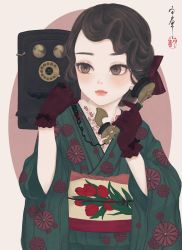 Rule 34 | 1girl, absurdres, antique phone, bow, brown hair, closed mouth, commentary request, corded phone, earrings, floral print, flower, frilled gloves, frills, gloves, green kimono, hair bow, hand up, highres, holding, holding phone, japanese clothes, jewelry, kikumon, kimono, light blush, long sleeves, looking at viewer, looking past viewer, medibang paint (medium), obi, obiage, obijime, original, outside border, phone, pink background, print kimono, red bow, red flower, red gloves, red tulip, rotary phone, sash, seal impression, short hair, signature, solo, standing, talking on phone, tulip, upper body, ushiyama ame, wavy hair, white background, wide sleeves