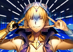 Rule 34 | 1boy, absurdres, artist request, bad id, bad pixiv id, blonde hair, blue background, blue vest, bracer, cropped vest, double v, earrings, emotional engine - full drive, fate/grand order, fate (series), gauntlets, gilgamesh, gilgamesh (caster) (fate), gilgamesh (fate), grin, hair between eyes, hands up, highres, jewelry, looking at viewer, male focus, neck ring, nervous smile, parody, red eyes, shaded face, short hair, shoulder tattoo, single gauntlet, smile, solo, sweatdrop, tattoo, turban, v, vest
