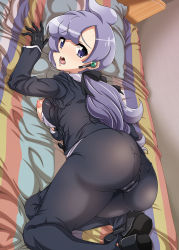 Rule 34 | 1girl, anabel (pokemon), ass, bed sheet, bedroom, black pants, blazer, blush, breasts, breasts out, collared shirt, creatures (company), game freak, gloves, hair between eyes, highres, imminent penetration, indoors, jacket, looking at viewer, low ponytail, nintendo, nipples, nori (akusei shinseibutsu), on bed, open mouth, pants, pantylines, pokemon, pokemon sm, purple eyes, ribbon, sheet grab, shirt, unbuttoned, unbuttoned shirt