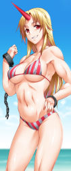 Rule 34 | 1girl, abs, bare shoulders, bikini, blonde hair, breasts, chain, covered erect nipples, cuffs, day, female focus, fingernails, grin, hand on own hip, henshako, horns, hoshiguma yuugi, large breasts, long hair, long image, looking at viewer, muscular, navel, red eyes, shackles, single horn, smile, solo, standing, striped bikini, striped clothes, swimsuit, tall image, touhou, underboob