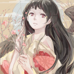 Rule 34 | 1girl, bad id, bad pixiv id, bare shoulders, black hair, black wings, branch, flower, hair ornament, japanese clothes, kimono, kyer, long hair, original, red eyes, solo, wings