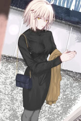 Rule 34 | 1girl, ahoge, alternate costume, bag, black sweater, blonde hair, blurry, blush, breasts, casual, commentary request, depth of field, dutch angle, fate/grand order, fate (series), gravel, hair between eyes, handbag, highres, holding, iro (sekaixiro), jacket, jeanne d&#039;arc alter (fate), large breasts, long sleeves, looking at viewer, medium hair, outdoors, pantyhose, ribbed sweater, short hair, skirt, solo, standing, sweater, translation request, turtleneck, turtleneck sweater, type-moon, yellow eyes