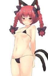 Rule 34 | 1girl, :3, animal ear fluff, animal ears, arms behind back, bikini, blush, braid, breasts, cat ears, cat tail, cowboy shot, highres, kaenbyou rin, leon0705, long hair, looking at viewer, multiple tails, nekomata, red eyes, red hair, simple background, small breasts, solo, swimsuit, tail, touhou, twin braids, twintails, two tails, white background