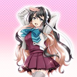 Rule 34 | 1girl, :d, arms up, black hair, blue bow, blue bowtie, blush, bow, bowtie, cowboy shot, dress, gradient background, grey jacket, grey thighhighs, hairband, jacket, kantai collection, large bow, long hair, long sleeves, looking at viewer, naganami (kancolle), naganami kai ni (kancolle), open clothes, open jacket, open mouth, pink hair, polka dot, polka dot background, purple dress, purple eyes, salute, smile, solo, sparkle, standing, tareme, teeth, thighhighs, tk8d32, v-shaped eyebrows, very long hair, white hairband, yellow eyes, zettai ryouiki