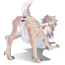 Rule 34 | 1girl, absurdres, animal ear fluff, animal ears, anus, bar censor, bell, blue eyes, blush, body fur, braid, breasts, brown hair, censored, centauroid, chinese commentary, claws, commentary, crown braid, cum, cum on ass, dog ears, dog tail, full body, highres, large breasts, long hair, looking at viewer, monster girl, multiple legs, neck bell, nude, one side up, open mouth, original, presenting, pussy, saliva, shadow, sidelocks, simple background, solo, sweat, tail, taur, top-down bottom-up, very long hair, white background, zhu fun