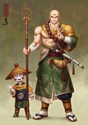 Rule 34 | 2boys, abs, alternate costume, artist name, bald, bead bracelet, beads, black eyes, blue pants, bracelet, buddhism, chaozu, closed mouth, collarbone, colored skin, dragon ball, dragon ball (classic), dragonball z, extra eyes, facing viewer, flute, full body, green kimono, guillem dauden, hat, holding, holding staff, instrument, japanese clothes, jewelry, katana, kimono, kimono partially removed, looking at viewer, male focus, monk, multiple boys, muscular, muscular male, no nose, open mouth, pants, pants tucked in, pectorals, prayer beads, sandals, sash, scar, scar on arm, scar on chest, shakujou, sheath, sheathed, simple background, size difference, smile, socks, staff, straw hat, sword, tabi, tassel, tenshinhan, toned, toned male, waving, weapon, white skin, white socks, zouri