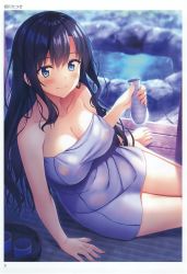 Rule 34 | 1girl, absurdres, aikawa tatsuki, artist name, bare arms, bare legs, bare shoulders, blue eyes, blue hair, blurry, blurry background, blush, bottle, breasts, cleavage, closed mouth, collarbone, covered erect nipples, fingernails, highres, holding, large breasts, lips, long hair, looking at viewer, naked towel, night, page number, sake bottle, scan, see-through, shiny skin, simple background, smile, solo, tatami, toes, toranoana, towel, white towel