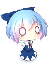 Rule 34 | 1girl, akisha, bad id, bad pixiv id, blue dress, blue hair, bow, cirno, dress, hair bow, ice, ice wings, o o, puffy sleeves, shirt, short sleeves, simple background, solo, tears, touhou, wavy mouth, white background, wings