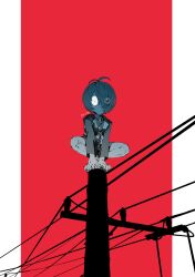 Rule 34 | 2boys, absurdres, arm support, chanchanko (clothes), closed mouth, gegege no kitarou, greyscale with colored background, hair over one eye, highres, kiriku (nakuro), kitarou, long sleeves, male focus, medama oyaji, multiple boys, power lines, red background, red eyes, shorts, squatting, twitter username, utility pole, vest