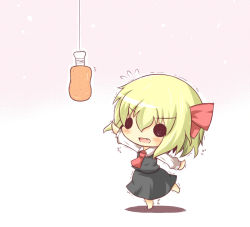 Rule 34 | 1girl, ascot, balancing, barefoot, blonde hair, blush, boned meat, chibi, dress shirt, embodiment of scarlet devil, fang, female focus, flying sweatdrops, food, gaius (nikoniko2), hair ribbon, hanging, long sleeves, meat, necktie, outstretched arms, reaching, ribbon, rumia, shirt, short hair, skirt, skirt set, solid circle eyes, solo, spread arms, standing, standing on one leg, string, touhou, trembling, vest