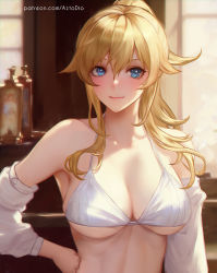 Rule 34 | 1girl, aztodio, bare shoulders, blonde hair, blue eyes, bra, breasts, cleavage, commentary, detached sleeves, genshin impact, hair between eyes, hand on own hip, indoors, jean (genshin impact), large breasts, long hair, long sleeves, looking at viewer, ponytail, smile, solo, stomach, underwear, upper body, white bra