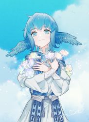 Rule 34 | 1girl, blue eyes, blue hair, brooch, cloud, commentary, cowboy shot, dress, feathered wings, final fantasy, final fantasy xiv, flower, glowing flower, hands on own chest, head wings, highres, holding, holding flower, jewelry, meteion, nicanatz, outdoors, short hair, signature, sky, smile, solo, standing, white dress, wings