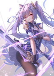 Rule 34 | 1girl, absurdres, ass, bare shoulders, black pantyhose, braid, breasts, choker, cleavage, cone hair bun, detached sleeves, double bun, dress, flower, genshin impact, gloves, hair bun, hair ornament, hairpin, highres, holding, holding sword, holding weapon, keqing (genshin impact), light rays, long hair, looking at viewer, medium breasts, neck tassel, pantyhose, purple dress, purple eyes, purple hair, signature, skirt, solo, standing, sword, thighs, torn clothes, twintails, v-shaped eyebrows, weapon, white flower, yelan xing xuan