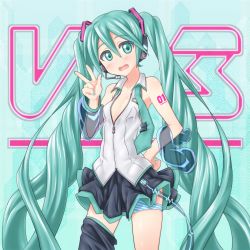 Rule 34 | 1girl, aqua eyes, aqua hair, bad id, bad pixiv id, detached sleeves, h.izumi, hand on own hip, hatsune miku, headset, highres, long hair, nail polish, necktie, open mouth, panties, see-through, skirt, solo, striped clothes, striped panties, thighhighs, twintails, underwear, v, very long hair, vocaloid