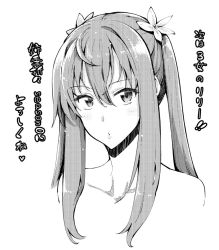 Rule 34 | 1girl, ahoge, akino sora, closed mouth, commentary request, copyright request, flower, greyscale, hair between eyes, hair flower, hair ornament, long hair, looking at viewer, monochrome, nude, portrait, quad tails, solo, translation request, twintails