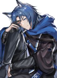 Rule 34 | 1boy, absurdres, animal ear fluff, animal ears, arknights, black jacket, black pants, blue cape, blue eyes, blue hair, cape, chinese commentary, commentary request, highres, jacket, knee up, long sleeves, looking back, male focus, pants, roy (arknights), short hair, simple background, sitting, smile, white background, zuo daoxing