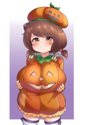 Rule 34 | 1girl, blush, breasts, cleavage, cleavage cutout, clothing cutout, costume, draph, dress, granblue fantasy, halloween, halloween costume, highres, jack-o&#039;-lantern, large breasts, looking at viewer, oppai loli, pldf, pumpkin, pumpkin hat, shortstack, smile, solo, thighhighs, yaia (granblue fantasy)