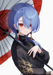 Rule 34 | 1girl, black dress, blue hair, closed mouth, commentary request, dress, hair between eyes, hair over one eye, haruwo, highres, holding, holding umbrella, hololive, hoshimachi suisei, hoshimachi suisei (8th costume), hoshimachi suisei (oriental suit), long hair, long sleeves, looking at viewer, official alternate costume, oil-paper umbrella, red eyes, red nails, smile, solo, umbrella, upper body, variant set, virtual youtuber