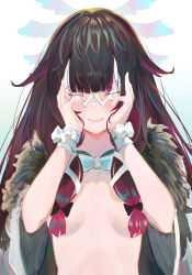 Rule 34 | 1girl, absurdres, black hair, blunt bangs, blush, bow, breasts, closed eyes, closed mouth, columbina (genshin impact), eye mask, genshin impact, hair bow, hair over breasts, hands on own face, highres, hime cut, jacket, kaze 22, long hair, multicolored hair, open clothes, open jacket, pink hair, sidelocks, small breasts, smile, two-tone hair, upper body, white bow