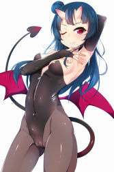 Rule 34 | 1girl, arm up, armpits, black leotard, black pantyhose, blue hair, blush, breasts, bridal gauntlets, cameltoe, closed mouth, covered navel, demon girl, demon tail, demon wings, fang, fang out, gluteal fold, hair bun, highleg, highleg leotard, highres, horns, leotard, long hair, looking at viewer, love live!, love live! school idol project, love live! sunshine!!, medium breasts, one eye closed, oni horns, pantyhose, presenting armpit, red eyes, ripe.c, side bun, simple background, single hair bun, single side bun, smile, solo, spread armpit, standing, tail, tsushima yoshiko, white background, wings, zipper pull tab