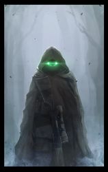Rule 34 | absurdres, bare tree, bolt action, border, fog, glowing, glowing eyes, gun, highres, hood, leaf, looking at viewer, military, military uniform, night-vision device, oota youjo, original, poncho, rifle, scope, sniper, sniper rifle, solo, tree, uniform, weapon