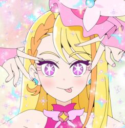 Rule 34 | 1girl, :p, asymmetrical bangs, bare shoulders, blonde hair, braid, braided bangs, bridal gauntlets, butterfly hat ornament, commentary, cure butterfly, earrings, fingerless gloves, gloves, hat, hat ornament, highres, hijiri ageha, hiragizaka aoi, hirogaru sky! precure, hoshino ai&#039;s pose, jewelry, looking at viewer, multicolored hair, orange hair, oshi no ko, parody, pink bridal gauntlets, pink gloves, pink hat, pink shirt, pose imitation, precure, shirt, sleeveless, sleeveless shirt, smile, solo, sparkle, star (symbol), star in eye, style parody, swept bangs, symbol-shaped pupils, symbol in eye, tilted headwear, tongue, tongue out, two-tone hair, upper body
