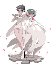 Rule 34 | 2girls, arm at side, artist name, bare shoulders, blue eyes, blush, bob cut, braid, breasts, brown hair, choker, closed mouth, coat, collarbone, colored skin, creatures (company), crown braid, diantha (pokemon), dress, elbow gloves, eyeshadow, falling petals, female focus, flat chest, full body, game freak, gardevoir, gen 3 pokemon, glint, gloves, green hair, hair between eyes, hand on own shoulder, hand up, happy, highres, jewelry, jumpsuit, legs, light blush, long sleeves, looking at another, looking at viewer, looking to the side, makeup, mega gardevoir, mega pokemon, multiple girls, necklace, nico (nico minico), nintendo, open clothes, open coat, petals, pokemon, pokemon (creature), pokemon xy, purple eyeshadow, red eyes, shoes, short hair, short jumpsuit, signature, simple background, small breasts, smile, standing, strapless, strapless dress, thigh gap, thighs, twitter username, white background, white choker, white coat, white dress, white footwear, white gloves, white jumpsuit, white skin, white theme
