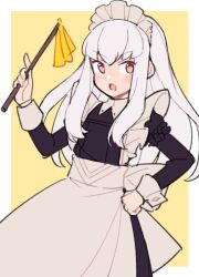 Rule 34 | 1girl, alternate costume, apron, black dress, blush, border, do m kaeru, dress, duster, enmaided, fire emblem, fire emblem: three houses, hand on own hip, holding, holding duster, long hair, long sleeves, looking at viewer, lysithea von ordelia, maid, maid headdress, nintendo, open mouth, outside border, pink eyes, simple background, solo, waist apron, white apron, white border, white hair, yellow background