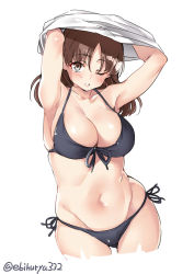 Rule 34 | 1girl, bikini, black bikini, blush, breasts, brown eyes, brown hair, chiyoda (kancolle), cleavage, closed mouth, commentary, ebifurya, front-tie bikini top, front-tie top, hair between eyes, highres, kantai collection, large breasts, long hair, looking at viewer, one eye closed, parted lips, side-tie bikini bottom, simple background, skindentation, solo, swimsuit, twitter username, undressing, white background