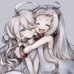 Rule 34 | 10s, 2girls, ^ ^, abyssal ship, ahoge, blue eyes, closed eyes, colored skin, dress, grey background, hachachi, hair between eyes, highres, horns, huge ahoge, kantai collection, long hair, mittens, multiple girls, new submarine princess, northern ocean princess, one eye closed, open mouth, simple background, sleeveless, smile, white dress, white hair, white skin