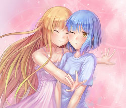 Rule 34 | 2girls, bad id, bad pixiv id, bare shoulders, blonde hair, blue hair, breasts, cleavage, closed eyes, highres, long hair, medium breasts, multiple girls, one eye closed, original, outstretched arms, pink background, shirt, short hair, small breasts, spaghetti strap, t-shirt, yahiro (heartseek000), yuri