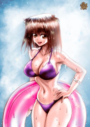 Rule 34 | 1girl, artist name, bikini, bracelet, breasts, brown eyes, brown hair, cleavage, cowboy shot, derivative work, hand on own hip, highres, innertube, jewelry, large breasts, looking at viewer, mazaki anzu, narrow waist, navel, open mouth, purple bikini, short hair, smile, solo, sparkle, swim ring, swimsuit, teeth, the golden smurf, thick thighs, thighs, upper teeth only, wet, wet hair, yu-gi-oh!, yu-gi-oh! duel monsters