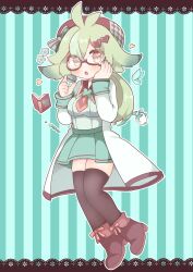 Rule 34 | 1girl, :o, absurdres, alternate costume, animal ears, antenna hair, beret, black thighhighs, book, bow, breasts, brown footwear, brown hat, brown necktie, bug, butterfly, flower, food, full body, genshin impact, glasses, green background, green hair, green skirt, hair between eyes, hair flaps, hair ornament, hand on own cheek, hand on own face, hands up, hat, hat bow, heart, heart hair ornament, highres, holding, holding food, insect, lab coat, letterboxed, looking at viewer, macaron, necktie, open book, orange eyes, outline, pleated skirt, ponytail, potion, sailor collar, semi-rimless eyewear, shimapanda, shirt, short hair, skirt, small breasts, solo, striped, striped background, sucrose (genshin impact), teardrop-framed glasses, thighhighs, vertical stripes, white outline, white shirt, zettai ryouiki