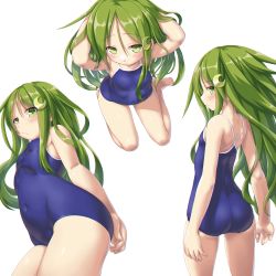 Rule 34 | 1girl, ass, blue one-piece swimsuit, blue school swimsuit, blush, competition school swimsuit, crescent, crescent hair ornament, dd (ijigendd), from behind, green eyes, green hair, hair ornament, highres, kantai collection, long hair, looking at viewer, looking back, multiple views, nagatsuki (kancolle), one-piece swimsuit, school swimsuit, shiny skin, simple background, standing, swimsuit, white background