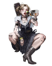 Rule 34 | 1girl, alcohol, blonde hair, boots, bracelet, copyright request, ear piercing, fingernails, heo sung-moo, highres, jewelry, piercing, red eyes, sharp fingernails, simple background, skirt, tattoo, white background