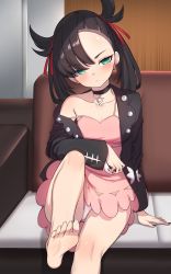 Rule 34 | 1girl, barefoot, black hair, black nails, blush, breasts, choker, couch, creatures (company), dress, earrings, feet, game freak, green eyes, highres, jacket, jewelry, k jin, looking at viewer, marnie (pokemon), nail polish, nintendo, off shoulder, pink dress, poke ball, poke ball (basic), pokemon, pokemon swsh, sitting, small breasts, soles, solo, strap slip, toes, twintails