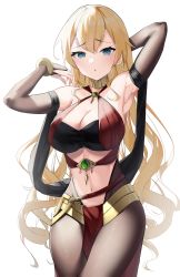 Rule 34 | 1girl, absurdres, armpits, arms up, bandeau, bare shoulders, blonde hair, blue eyes, breasts, bridal gauntlets, claire harvey, cleavage, commentary request, cosplay, criss-cross halter, dorothea arnault, dorothea arnault (cosplay), elbow gloves, fire emblem, fire emblem: three houses, fire emblem heroes, gloves, grey gloves, grey pantyhose, hair between eyes, halterneck, highres, hundred (light novel), large breasts, long hair, looking at viewer, navel, nintendo, pantyhose, parted lips, simple background, solo, steeb, stomach, thighs, very long hair, white background